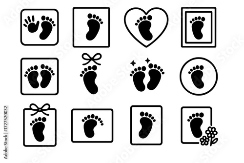 Keepsake Footprint Icons. Keepsake Footprint Icons icons in outline style: footprint with handprint, card with border, heart around footprint, framed