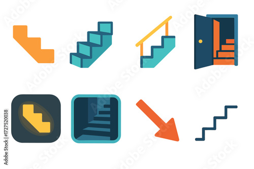 Basement Stairs Icons. Basement Stairs icons in modern flat : downward stair icon, steps in perspective, handrail detail, open basement door, glowing