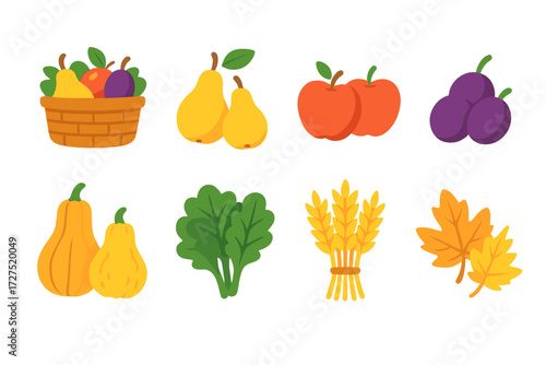 Colorful Harvest Basket Icons. Harvest Basket icons in modern flat : full basket, pears, apples, plums, gourds, leafy greens, grain bundle, fall