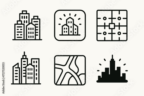 Glowing Urban Skyline. Urban Block icons in outline style: cluster of urban towers, glowing block icon, street grid with lights, city square layout,