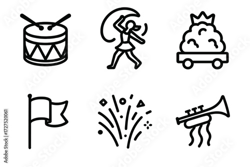 Parade Icons Collection. Street Parade Icons icons in outline style: marching band drum, dancer with ribbon, parade float, waving flag, confetti