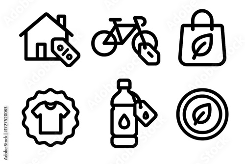 Eco-Friendly Icon Set. Sustainable Lifestyle Deals icons in outline style: green house discount, bike commute offer, eco travel bag, renewable water