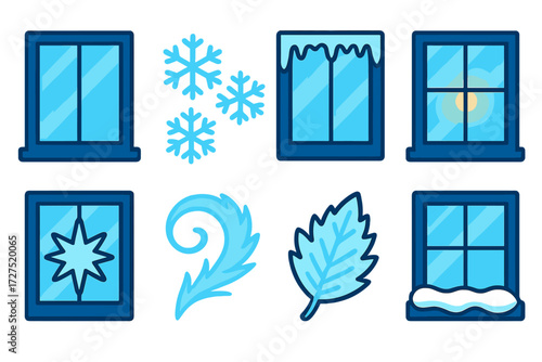 Winter window flat icon set. featuring snow, ice, frost, leaf, sunrise, and patterns