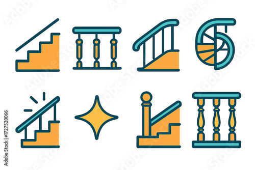 Modern Staircase Icons. Staircase Rail icons in modern flat : stair outline, railing posts, handrail curve, spiral stair, radiant glow, glowing star,