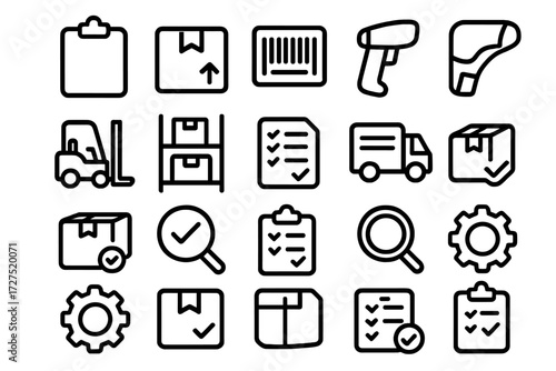 Inventory Management Icons. Inventory Check icons in outline style: clipboard, warehouse box, barcode sticker, handheld scanner, forklift, shelf