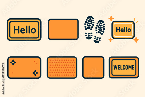 Colorful Hello Doormat Icons. Doormat Hello icons in modern flat : mat with “Hello” text, bordered rectangle mat, shoe imprint design, glowing mat