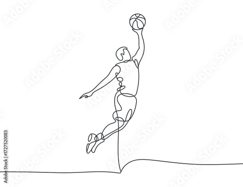 Basketball player in continuous line drawing dunking ball sports outline concept