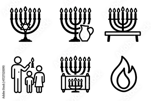 Menorah Icon Collection. Cultural Menorah Lighting icons in outline style: menorah with Star of David, menorah with traditional oil jug, menorah on