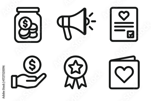 Fundraising Icon Set. Fundraising Charity Drive icons in outline style: jar with coins, megaphone announcement, donation pledge form, money handoff,