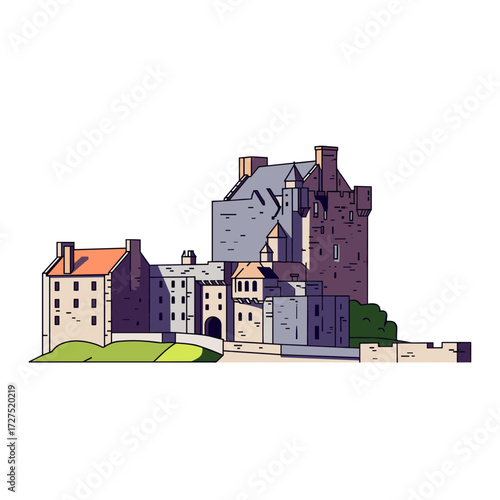 Stylized cartoon castle illustration with multiple towers and varied roof colors flat vector art.