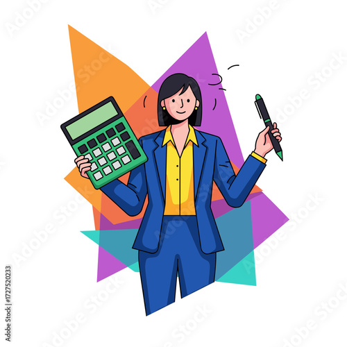 Smiling businesswoman in blue suit holding green calculator and black pen confidently.