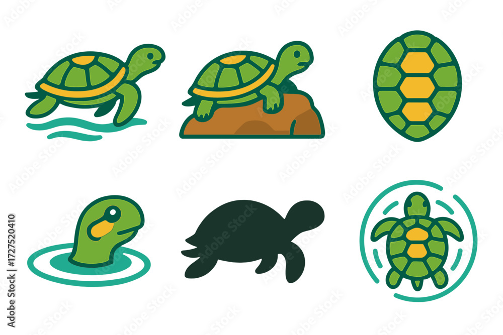 Obraz premium Colorful Turtle Icons. Pond Turtle Icons icons in modern flat : turtle swimming, turtle on rock, turtle shell close-up, turtle head above water,