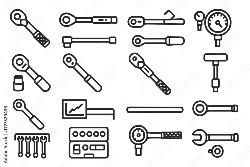 Fototapeta premium Industrial Wrench Icons. Industrial Torque Wrench Icons icons in outline style: heavy ratchet wrench, digital torque wrench, beam style wrench,