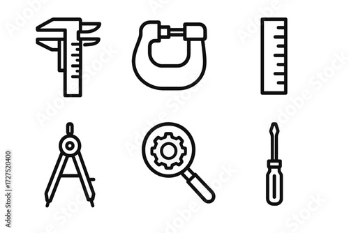 Precision Tool Icons. Precision Tools Icons icons in outline style: caliper measuring, micrometer, ruler with fine marks, compass drawing, magnifying