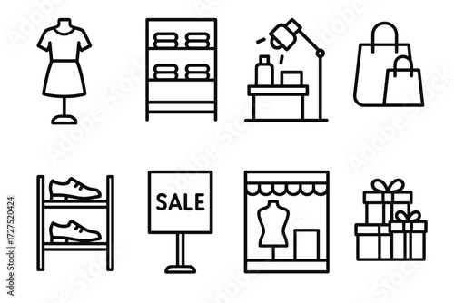 Retail shopping linear icon set. featuring clothes, shelf, store items, bags, shoes, sale, gifts