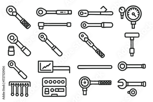 Industrial Wrench Icons. Industrial Torque Wrench Icons icons in outline style: heavy ratchet wrench, digital torque wrench, beam style wrench,