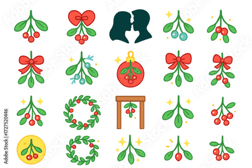 Mistletoe Romance Icons. Romantic Mistletoe Icons icons in modern flat : mistletoe sprig, heart-shaped bow, kissing couple silhouette, glowing