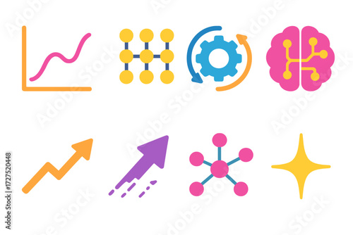 Predictive Model Icons. Predictive Model icons in modern flat : curve chart, data cluster, gear with arrows, brain icon, rising trend line, forecast