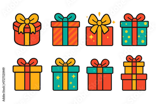 Gift boxes flat icon set. featuring sparkling, polka dot, ribbon, striped, circular, star-patterned symbols