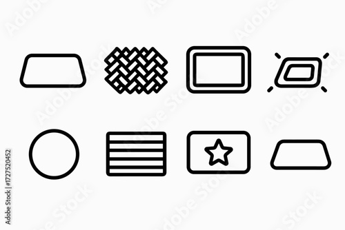 Floor Mat Icons. Floor Mat icons in outline style: simple mat rectangle, textured woven mat, bordered floor mat, glowing rug symbol, round mat icon,