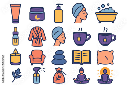 Self-Care Ritual Icons. Self-Care Evening Ritual Icons icons in modern flat : skincare tube, face mask jar, lotion bottle, bath bubbles, essential