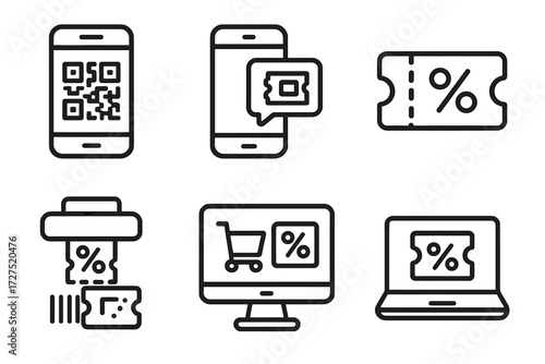 Digital Coupon Icons. Digital Coupon Clip icons in outline style: smartphone with QR code, app notification coupon, e-voucher ticket, online checkout