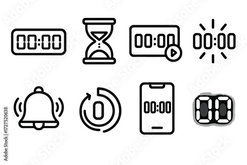Digital Countdown Icons. Digital Countdown icons in outline style: digital clock, hourglass, timer screen, flashing numbers, alarm bell, countdown