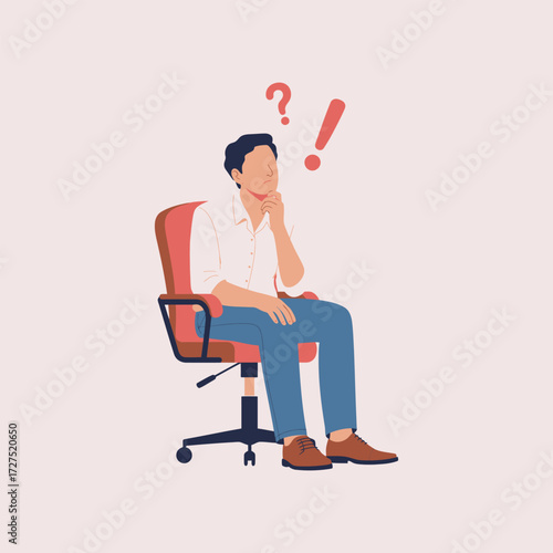 Pensive Man in Chair with Question Exclamation Symbols Thinking Idea Vector