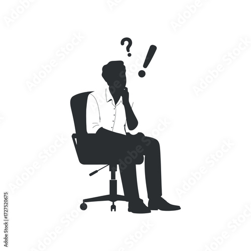 Business man sitting in chair with question and exclamation marks silhouette