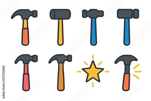 Vibrant Hammer Icons. Hammer Head icons in modern flat : carpenter hammer, rubber mallet, steel sledge, mini hammer, hammer with wooden handle,