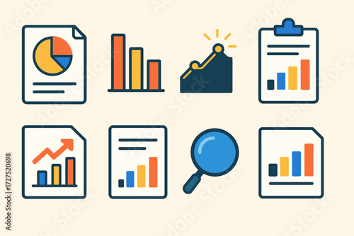 Modern Data Icons. Stat Report icons in modern flat : report sheet with pie chart, stacked bar graph, glowing line chart, clipboard with data, rising