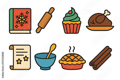 Holiday Recipe Icons. Holiday Recipes icons in modern flat : decorated cookbook, wooden rolling pin, festive cupcake, pot roast, recipe scroll, spoon