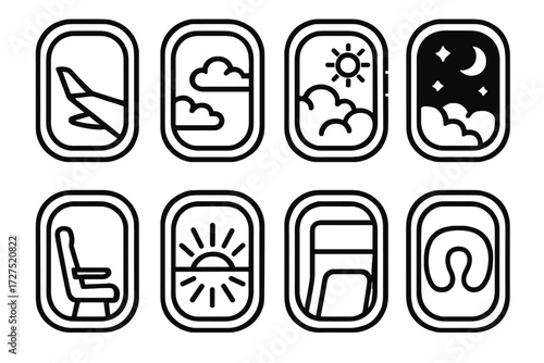 Window Seat Icons. Window Seat icons in outline style: rounded window, airplane wing, cloudscape, seat back, shining sun, night stars, glowing view,