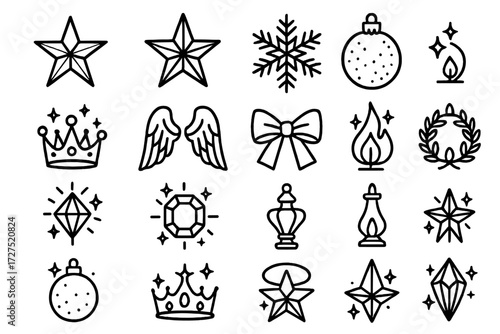Winter Tree Toppers. Winter Tree Topper Icons icons in outline style: silver star, golden star, crystal snowflake, frosted orb, glitter crown, angel
