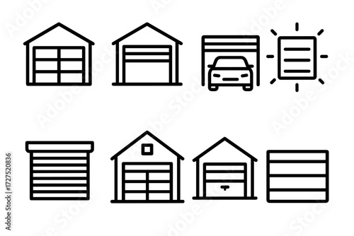 Garage Door Icons. Garage Door icons in outline style: closed garage with panels, open garage icon, car entering garage, glowing door outline,