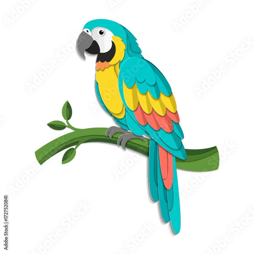 Vibrant blue and yellow macaw parrot perched on a green branch, illustrated in a layered paper-cut style with shadow effects.