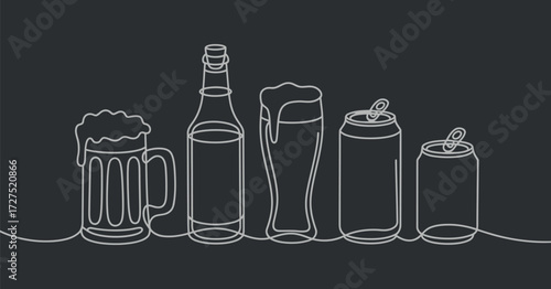 Beer Mug Bottle and Cans Continuous Line Art Drawing for Oktoberfest Pub Design