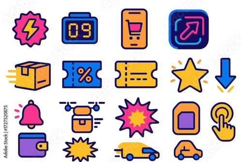 E-commerce gradient icon set. featuring discount, delivery, phone, shopping cart, bell, and wallet symbols
