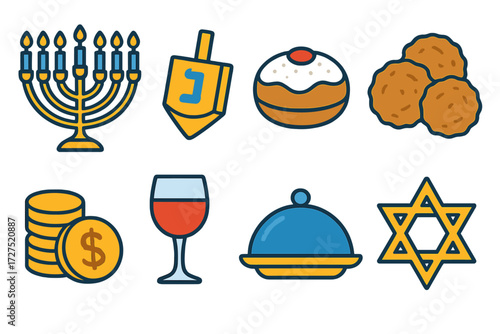 Hanukkah Icons Collection. Hanukkah Table icons in modern flat : menorah with candles, spinning dreidel, jelly donut, potato pancakes, golden coins,