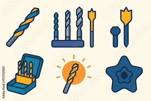 Vibrant Drill Bits Icons. Drill Bits icons in modern flat : twist drill bit, row of assorted bits, masonry bit, wood drill bit, metal drill bit,