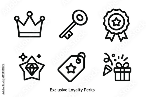Loyalty Perks Icons. Exclusive Loyalty Perks icons in outline style: VIP crown, golden key, premium ribbon, diamond star badge, special offer tag,