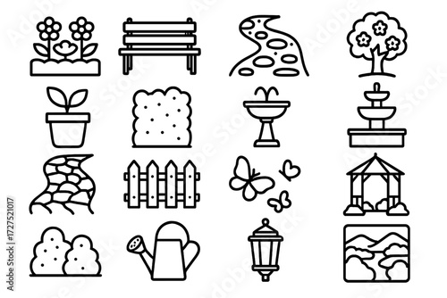 Garden Icon Collection. Garden View Icons icons in outline style: flower bed, garden bench, garden path, blooming tree, potted plant, hedge, birdbath