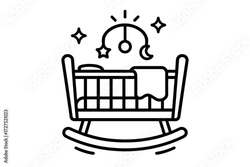 Cradle Rock Design. Cradle Rock icons in outline style: cradle with mattress, curved rockers at base, blanket inside, mobile toy above, glowing baby