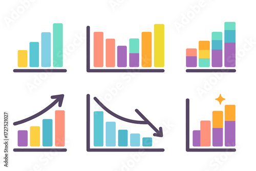 Vibrant Bar Graph Icons. Bar Graph icons in modern flat : ascending bars, descending bars, colorful bars, grouped chart, stacked chart, growth chart,