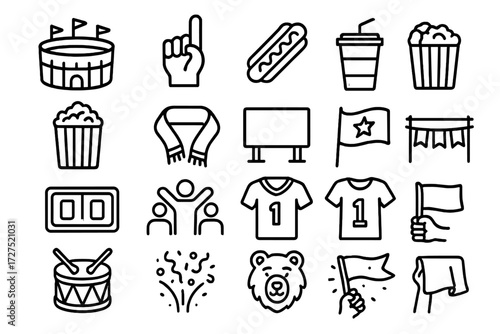 Game Day Icons. Game Day Icons icons in outline style: stadium building, foam finger, hotdog snack, soda cup, popcorn box, team scarf, big screen,