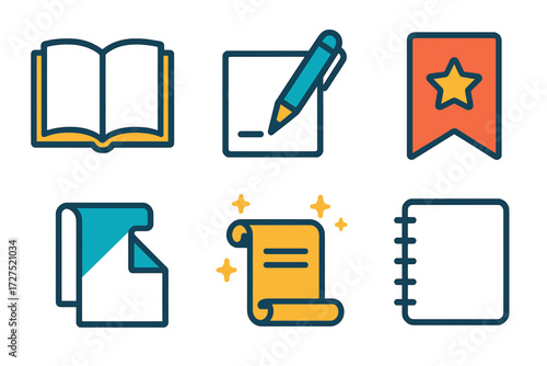 Vibrant Chapter Icons. New Chapter Icons icons in modern flat : open book with fresh page, pen writing first line, bookmark with star, turning page