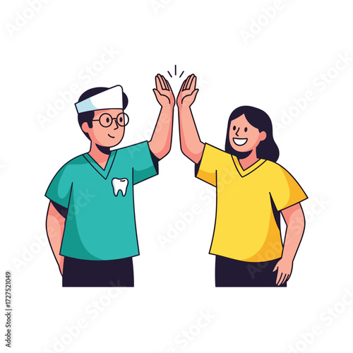 Dentist and Patient High Five Celebrating Successful Dental Treatment.