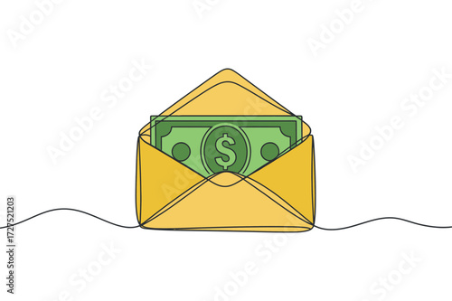 Color One Line Drawing Open Envelope with Cash Money on Transparent Background