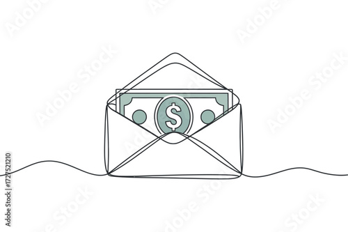 One Line Drawing Open Envelope with Cash Money on Transparent Background