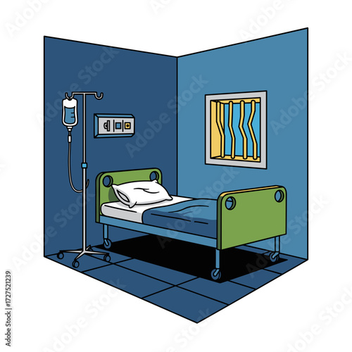 Illustrated hospital room with green bed blue blanket white pillow IV drip and barred window.